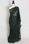 Gia | Bottle Green Soft Net Sequin Saree | Glamorous Evening Cocktail Partywear