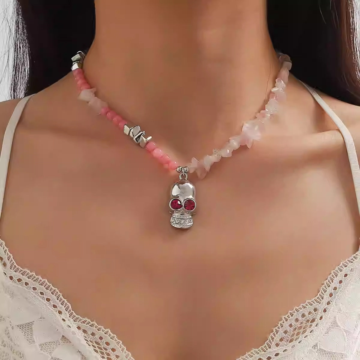 Colorful Skull Pearl Necklace Trendy And Versatile