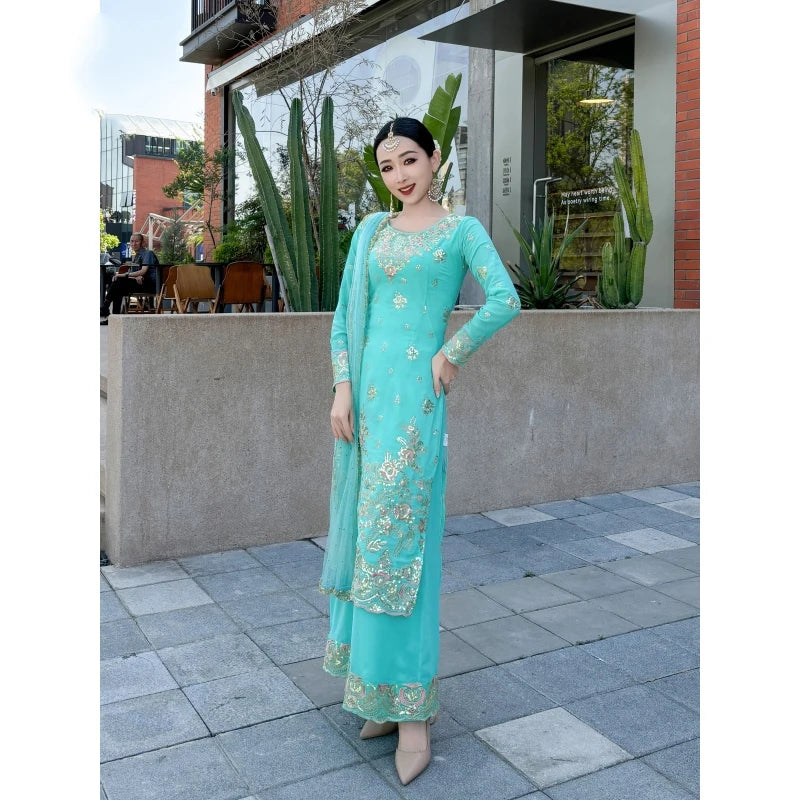 Female Indian Traditional Dance Dress Long Sleeve Tops Pants Bollywood Dance Saree Veil Suit Belly Dance Stage Clothing DQL10759