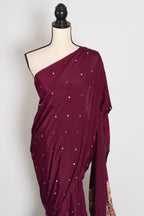 Naheed | Wine Color Mirror Work Partywear Ajrakh Saree | Bollywood Inspired