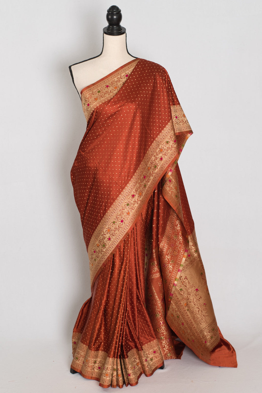 Nina | Rust Orange Semi Mashru Banarasi Saree | Pre-Stitched Size 40 Blouse