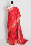 Supriya | Orange Red and Cream Handwoven Baluchari Pure Silk Saree