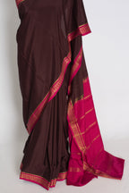 Devi : Brown and Pink Pure Mysore Crepe Silk Saree with 38 Size Stitched Blouse