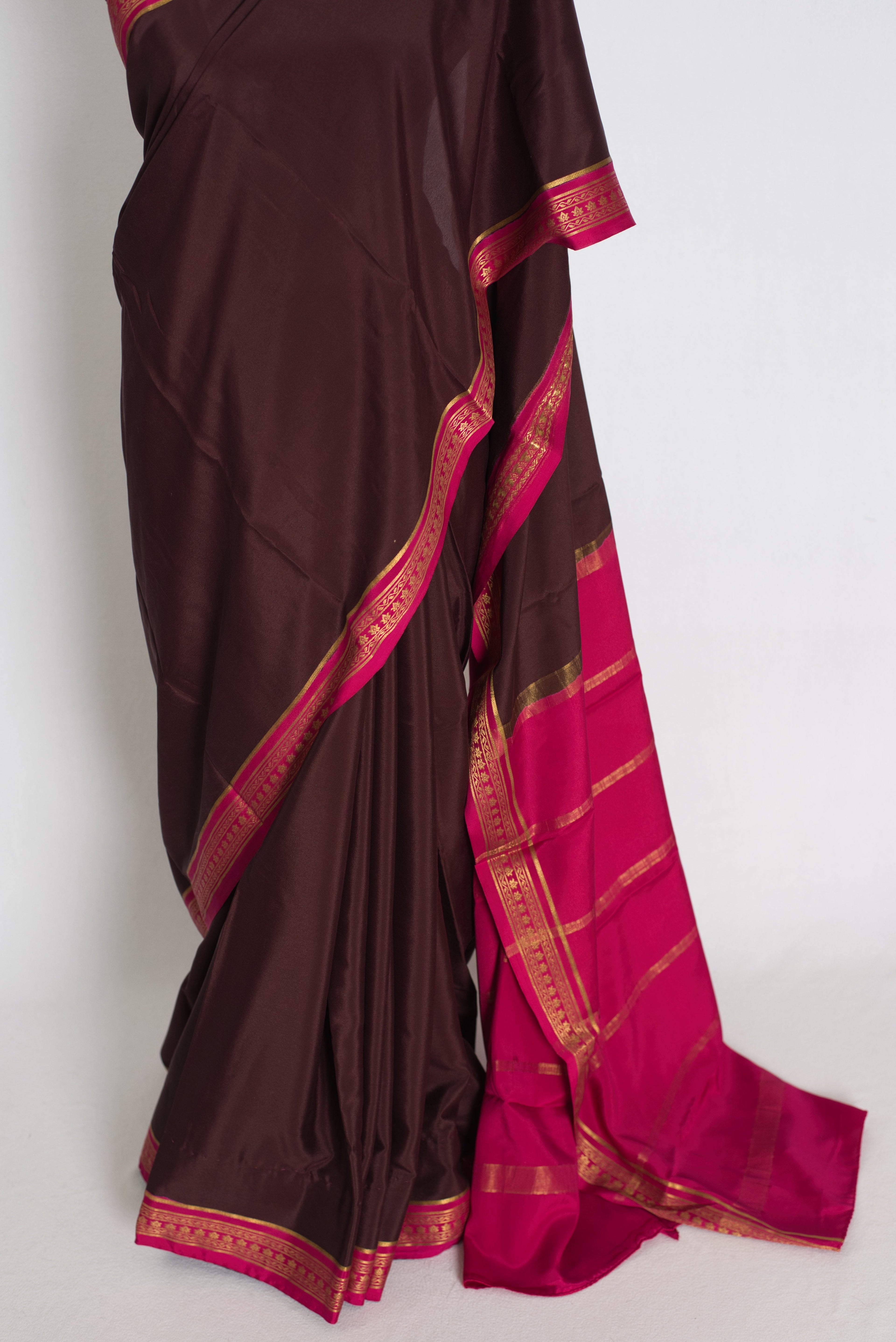 Devi : Brown and Pink Pure Mysore Crepe Silk Saree with 38 Size Stitched Blouse