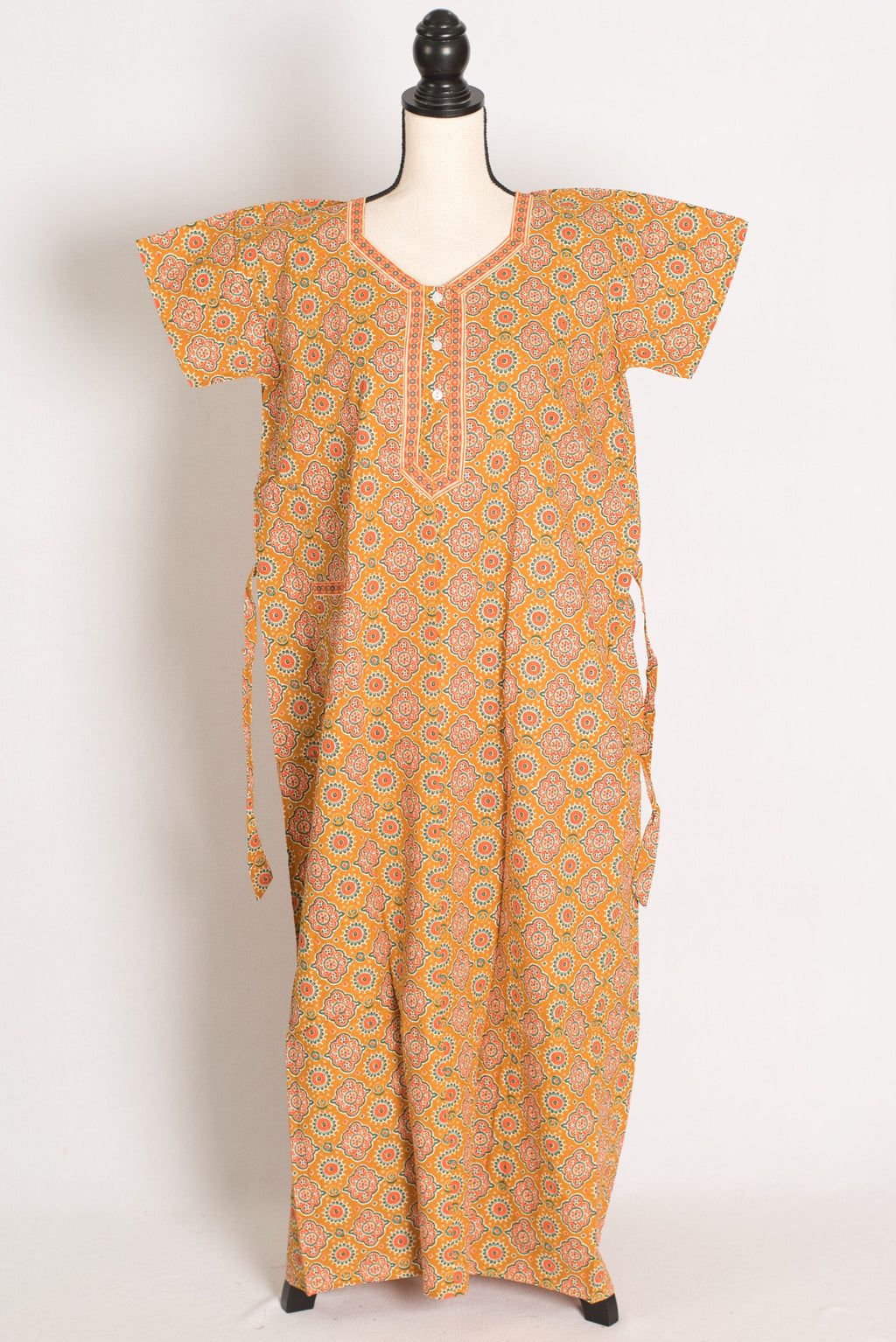 Pure Cotton Mustard Yellow Kalamkari Printed Long Nighty in Regular Size