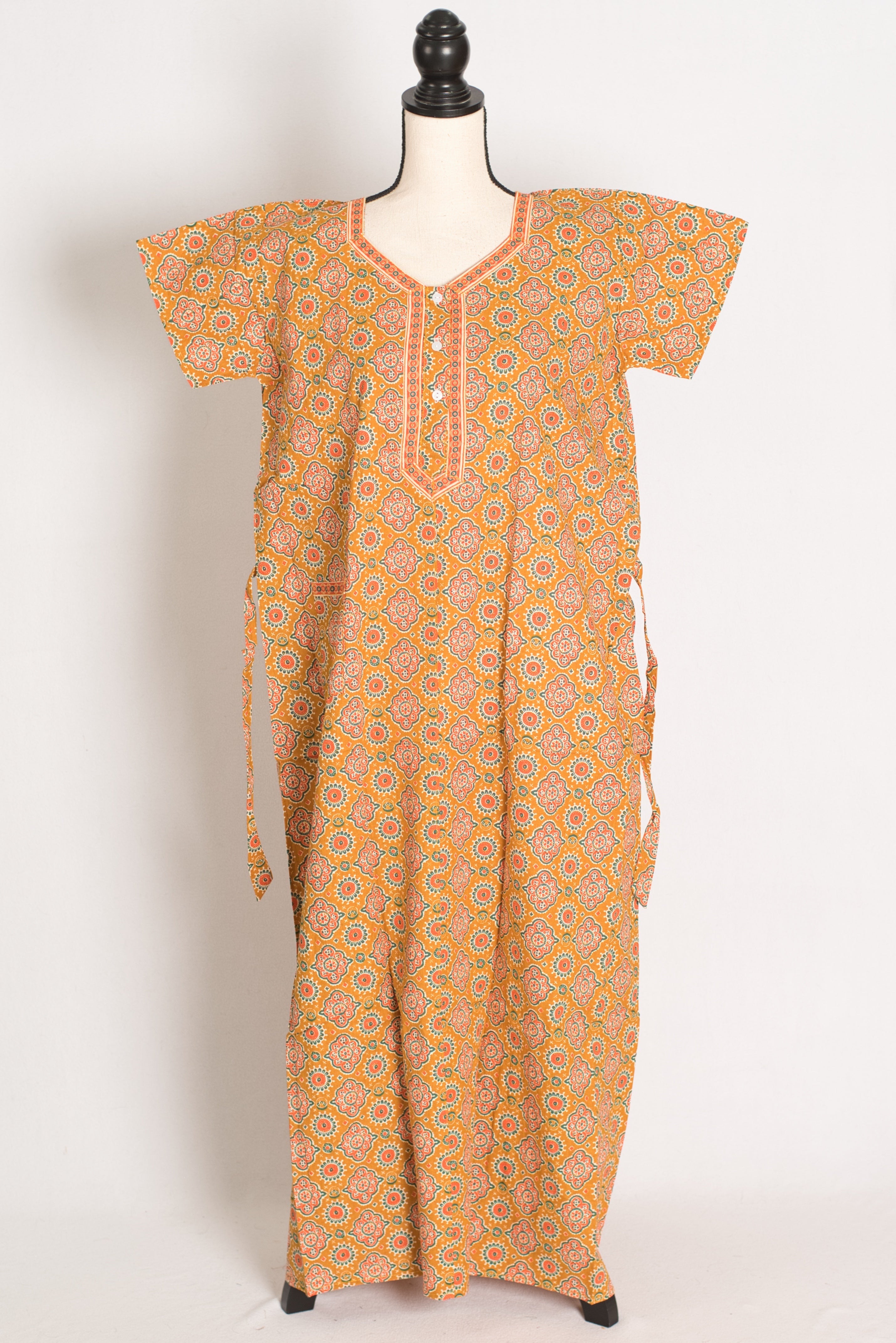 Pure Cotton Mustard Yellow Kalamkari Printed Long Nighty in Regular Size