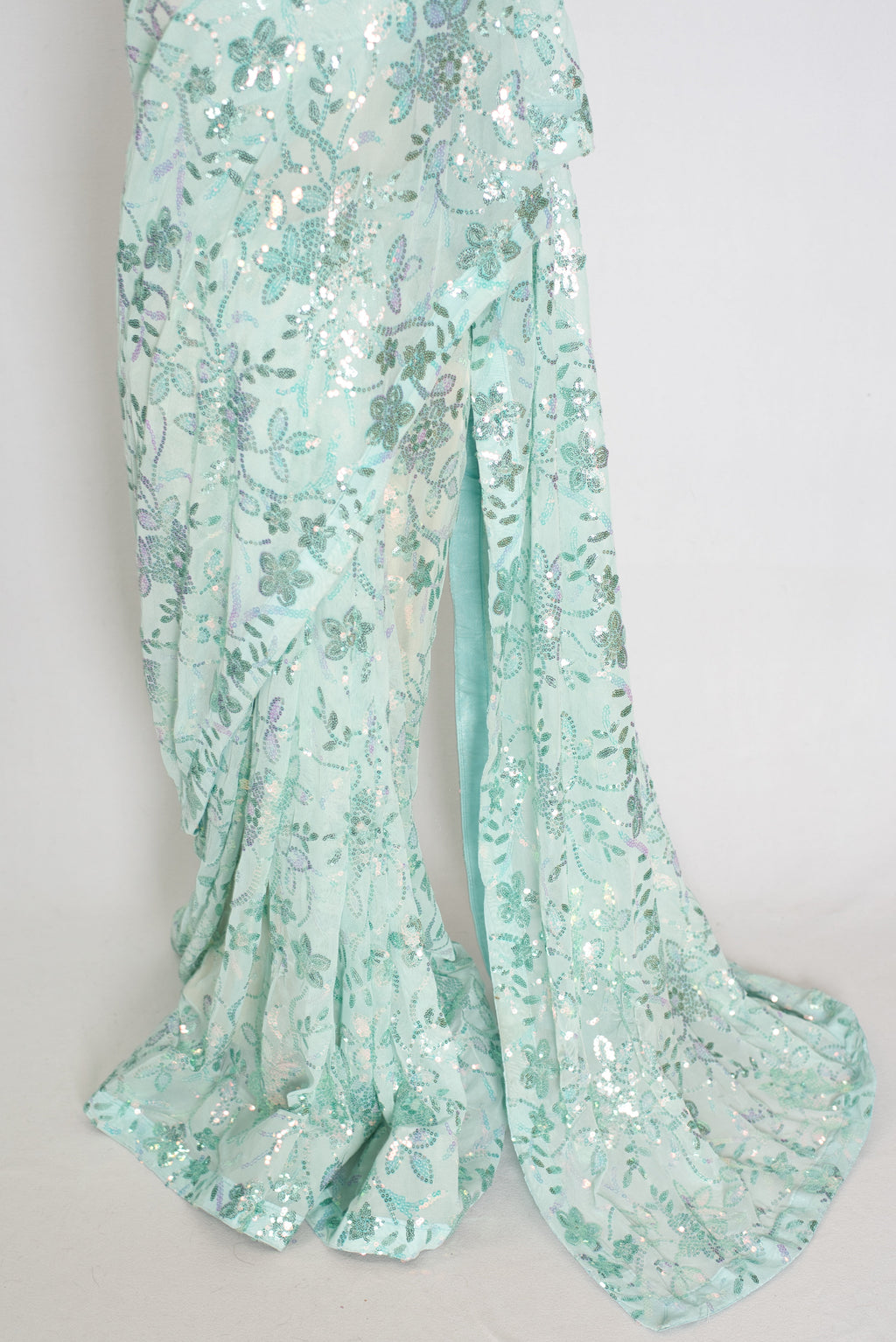 Ishq | Sea Green Soft Net Saree | Ready-To-Wear Set with Size 36 Stitched Blouse