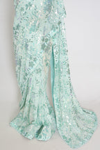 Ishq | Sea Green Soft Net Saree | Ready-To-Wear Set with Size 36 Stitched Blouse