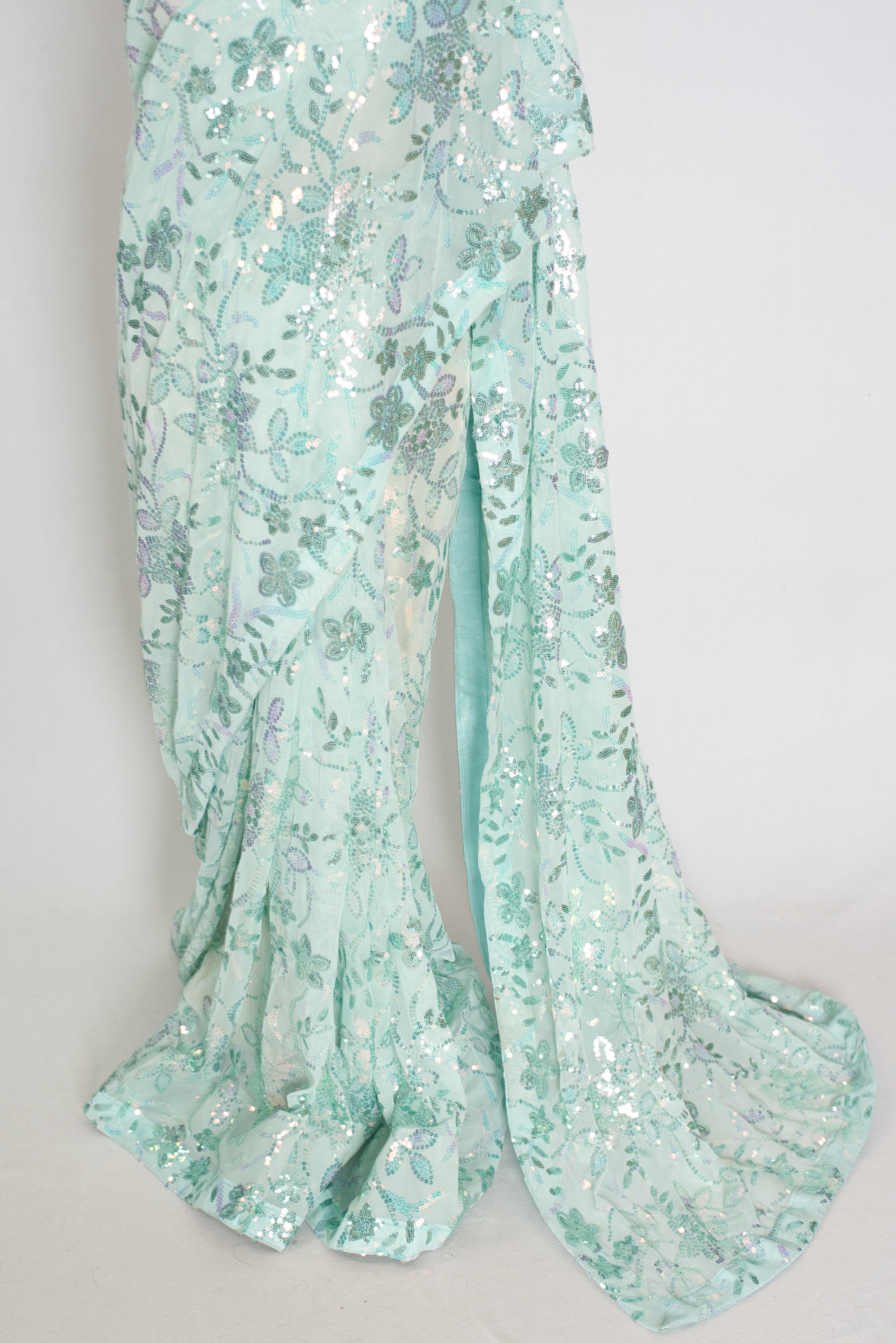 Ishq | Sea Green Soft Net Saree | Ready-To-Wear Set with Size 36 Stitched Blouse