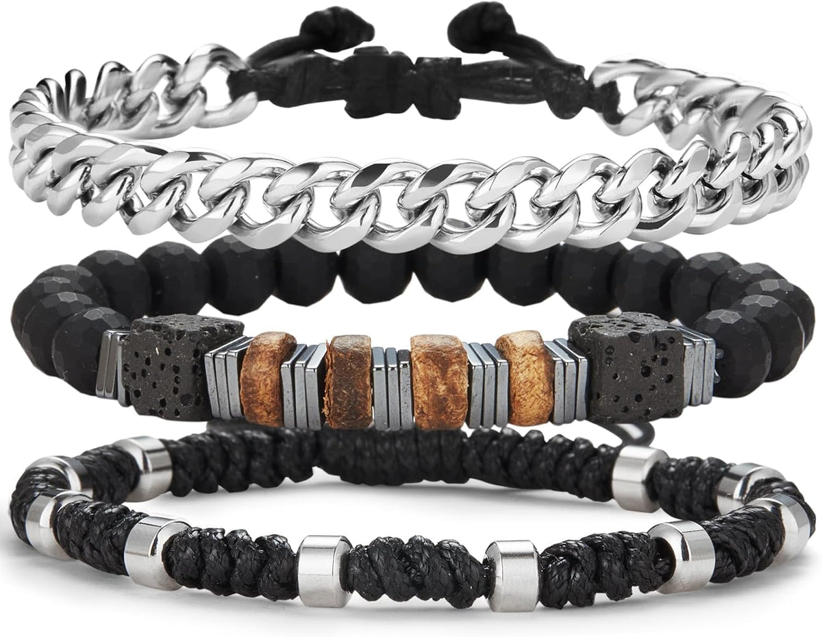 3Pc Mens Beaded Bracelets Silver Stainless Steel Chain Bracelet for Men Handmade Braided Bracelet Sets Jewelry Gifts for Men
