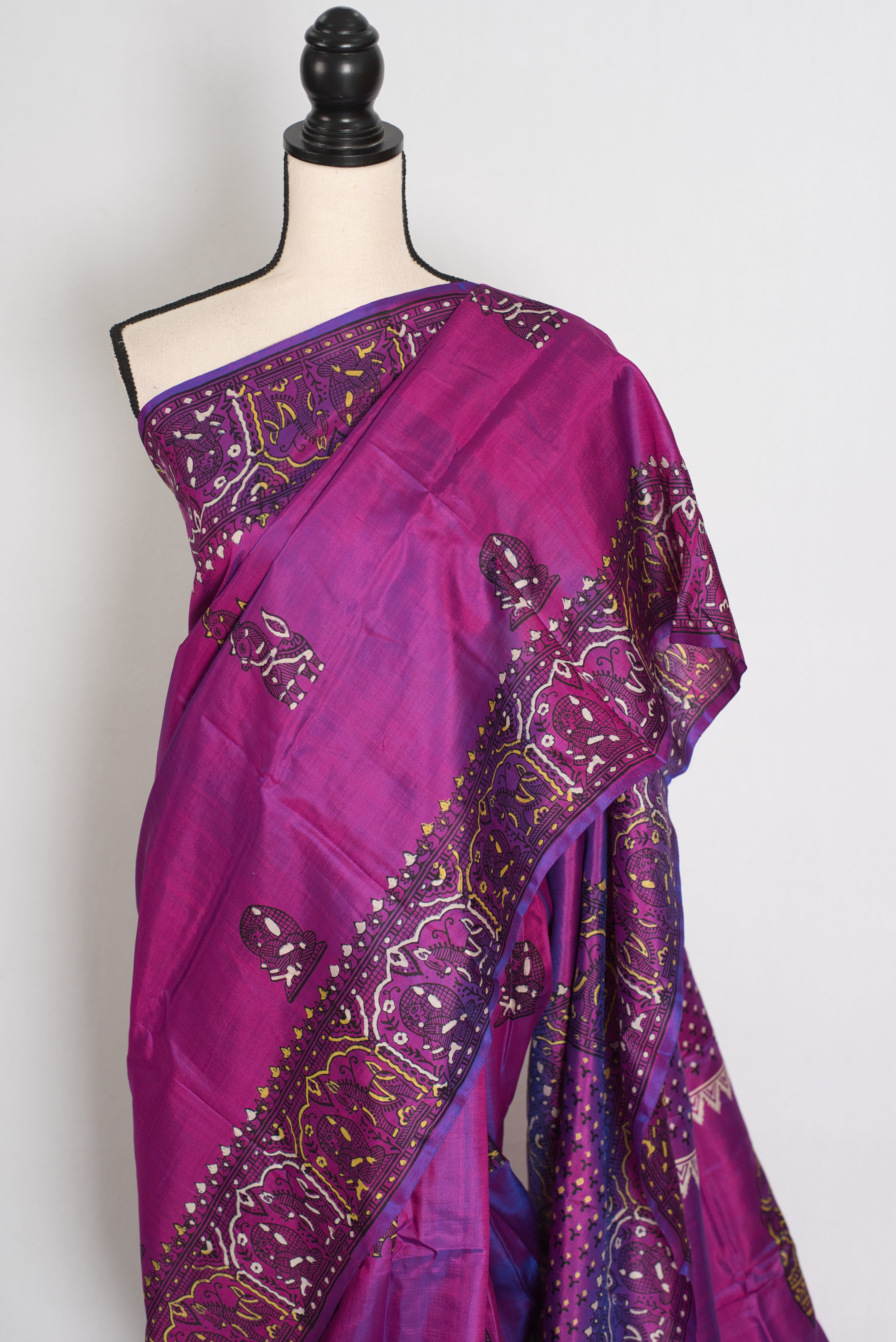 Indrani | Purple Hand Block Printed Bishnupur Katan Silk Saree | Pure Silk