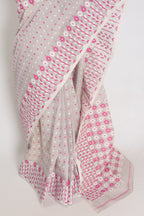 Geeta: Gray, Pink and White Pure Cotton Jamdani Saree with Blouse