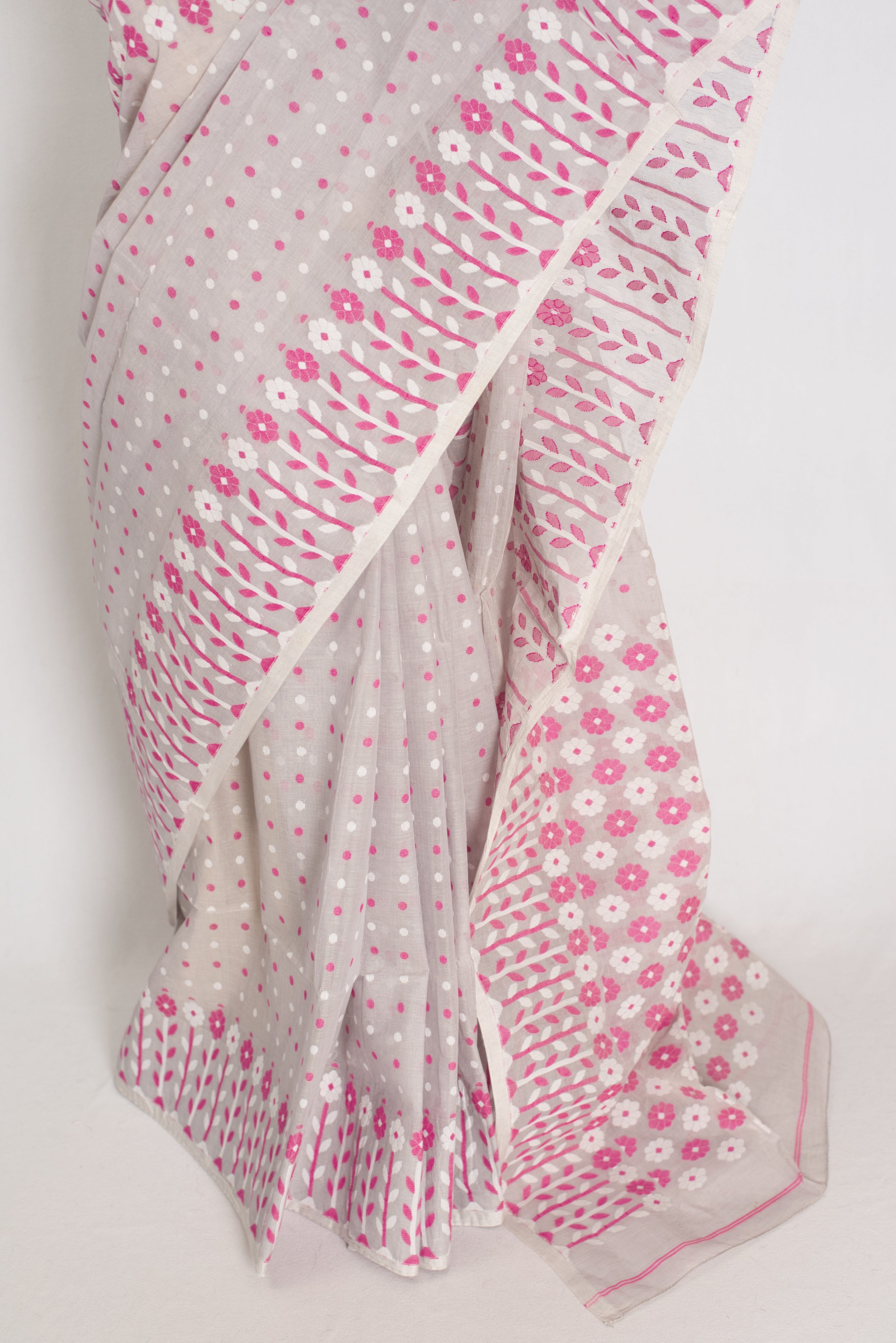 Geeta: Gray, Pink and White Pure Cotton Jamdani Saree with Blouse