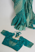 Rini | Rama Green Semi Georgette Banarasi Saree | Pre-Stitched Size 36 Blouse