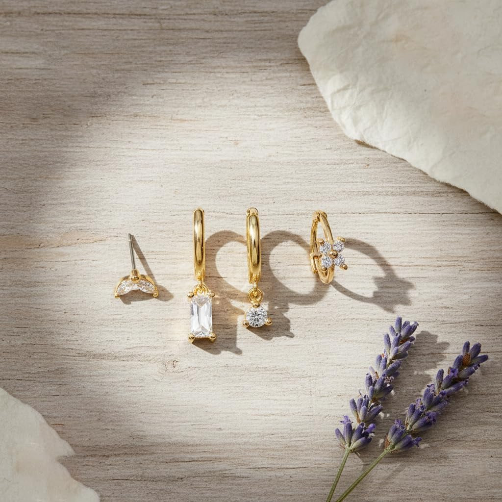 Earring Sets for Multiple Piercings – Gold-Tone Huggie Hoop & Stud Earrings Set – Hypoallergenic Cartilage Earrings for Women Lightweight Non Tarnish Earring Stack