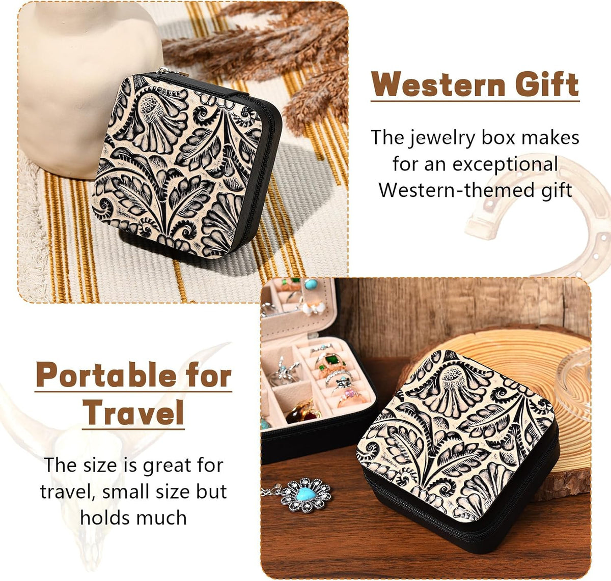 Western Jewelry Box Case Real Leather Black and Beige Embossed Tooled Travel Jewelry Organizer Gifts Christmas Gifts for Women Country Girls Cowgirl Stuff Portable Travel Accessories -Black
