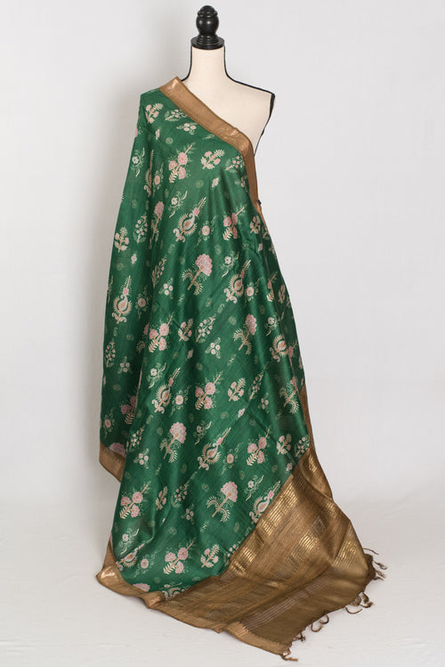 Ahalya | Forest Green Pure Muga Tussar Silk Saree | Contemporary Abstract Prints