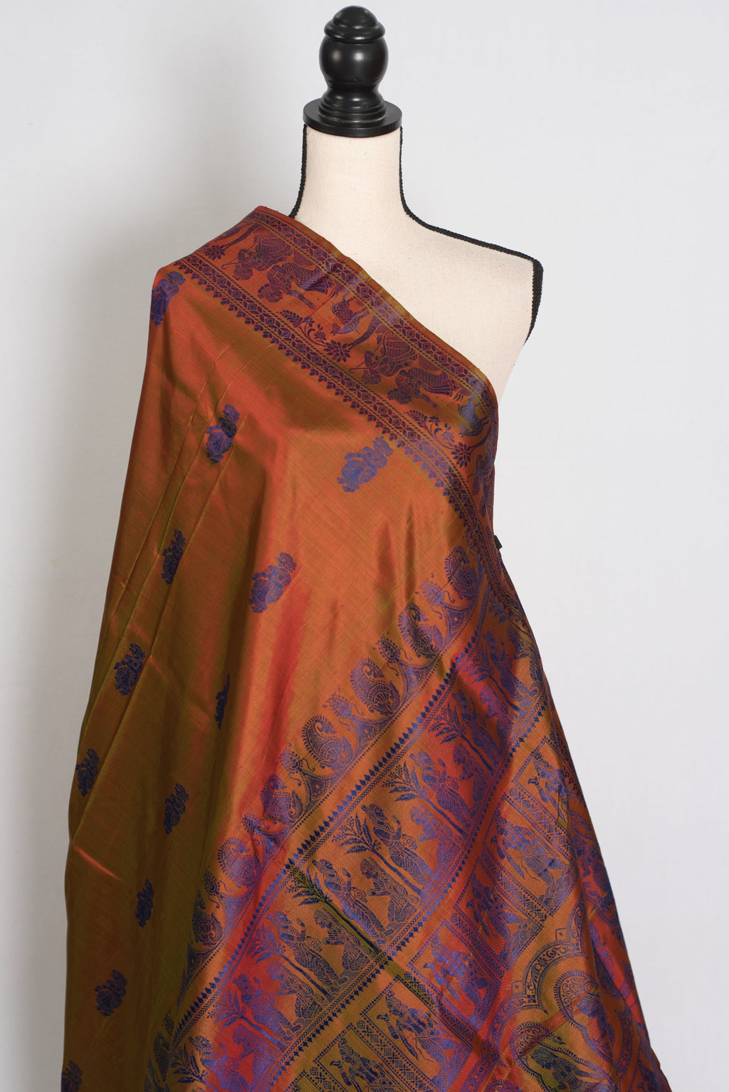 Nita | Brown and Blue Handwoven Baluchari Silk Saree with Blue Minakari Detail