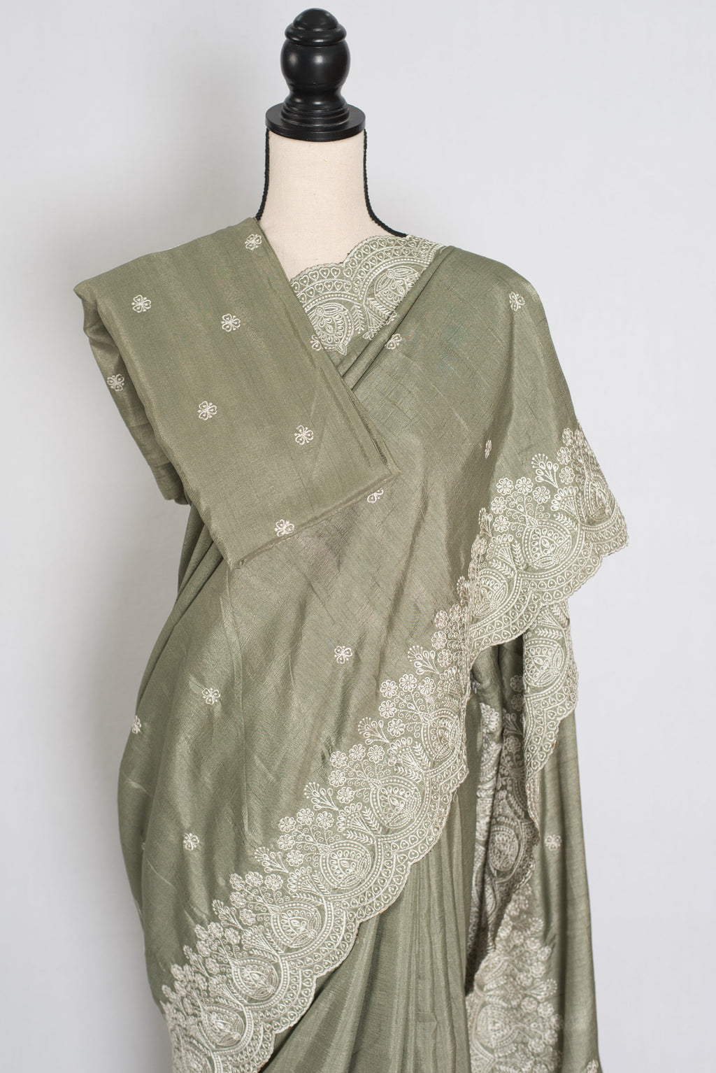Hema | Sage Green Semi Tussar Silk Saree | Machine Embroidery & Scalloped Border