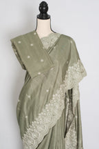 Hema | Sage Green Semi Tussar Silk Saree | Machine Embroidery & Scalloped Border