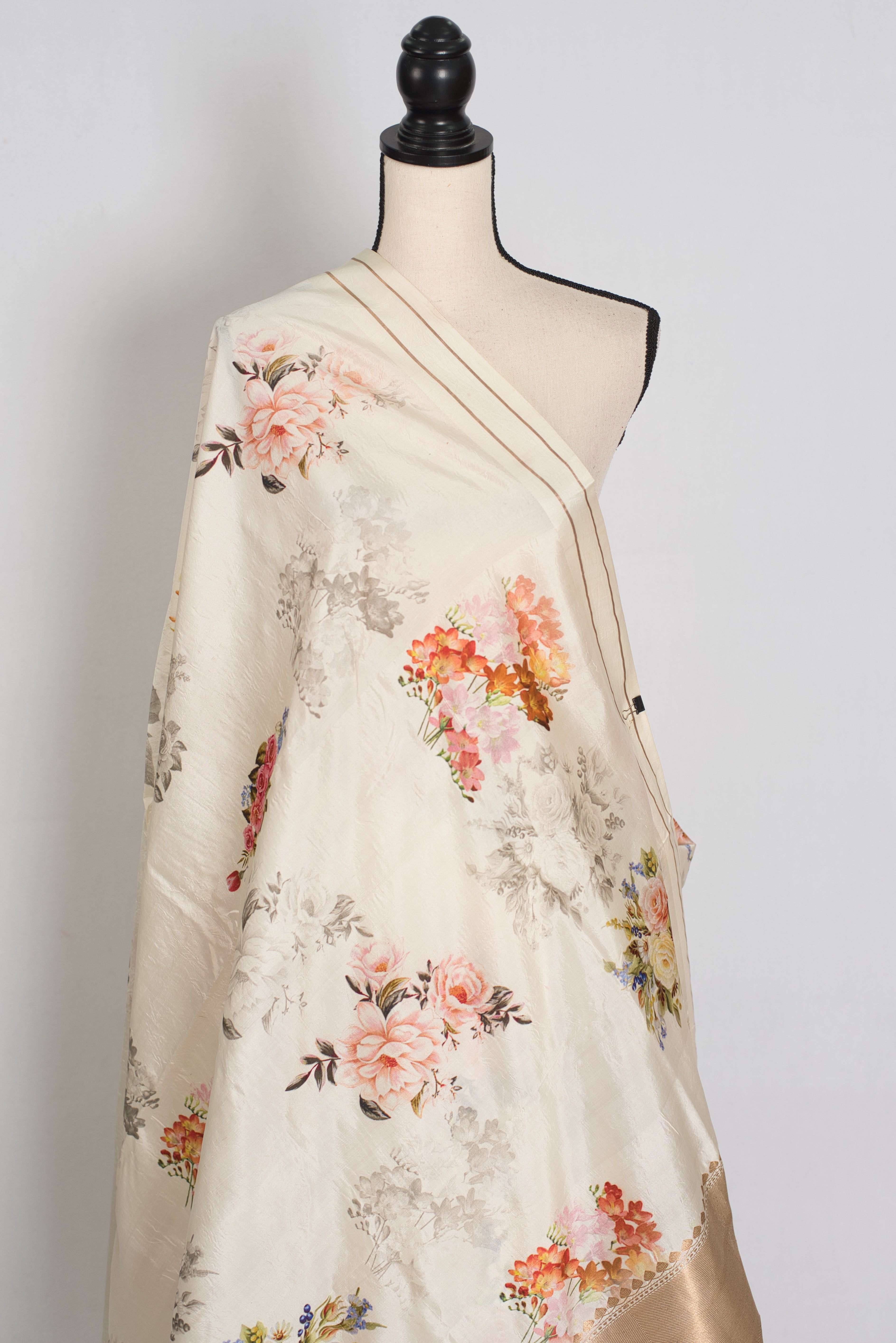 Sheuli : Ivory White Floral Printed Banarasi Katan Silk Saree