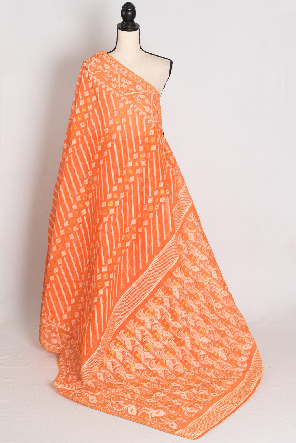 Sia : Festive Orange and White Blended Cotton Jamdani Saree with Hand Embroidery