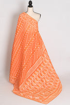 Sia : Festive Orange and White Blended Cotton Jamdani Saree with Hand Embroidery