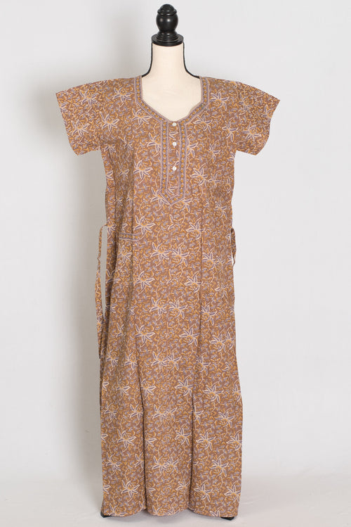 Earth Toned Pure Cotton Kalamkari Print Long Nightgown