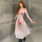 One-shoulder Long-sleeved Printed Maxi Dress