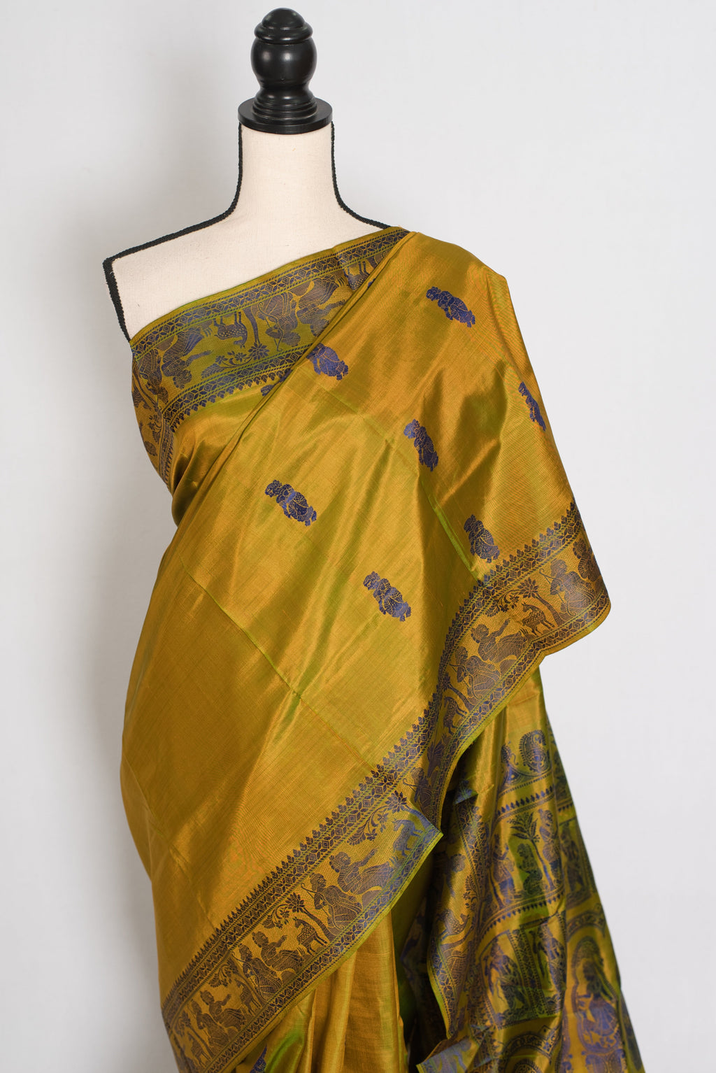 Bithi | Heena Green Handwoven Bishnupuri Baluchari Silk Saree | 38 Size Blouse