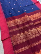 Hema : Blended Cotton Gadwal Saree in Midnight Blue and Dark Red