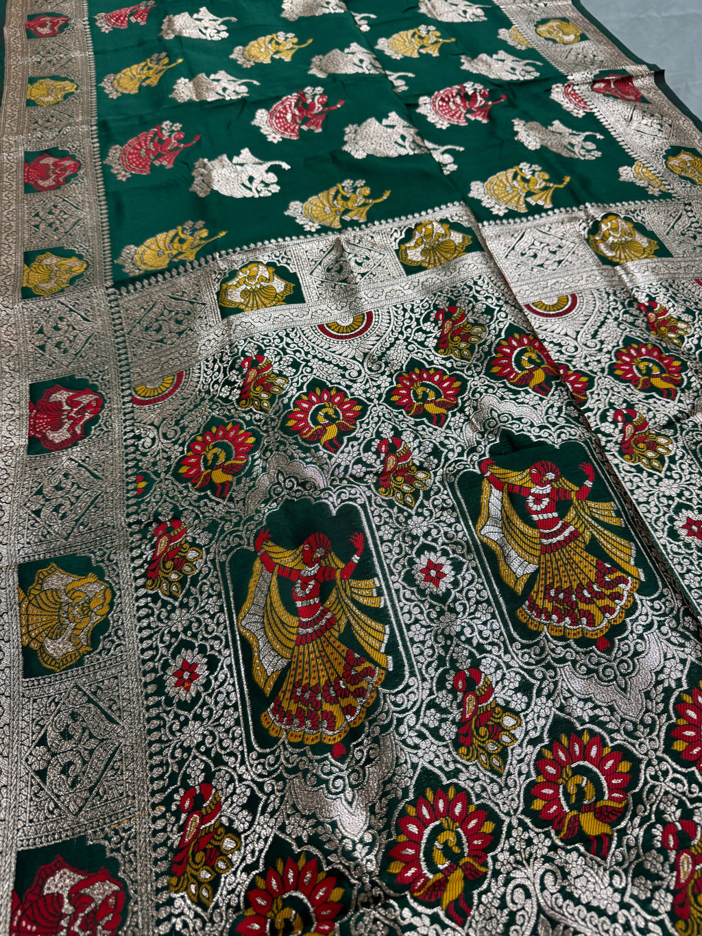 Rupa : Bottle Green Budget Friendly Baluchari Saree in Blended Silk