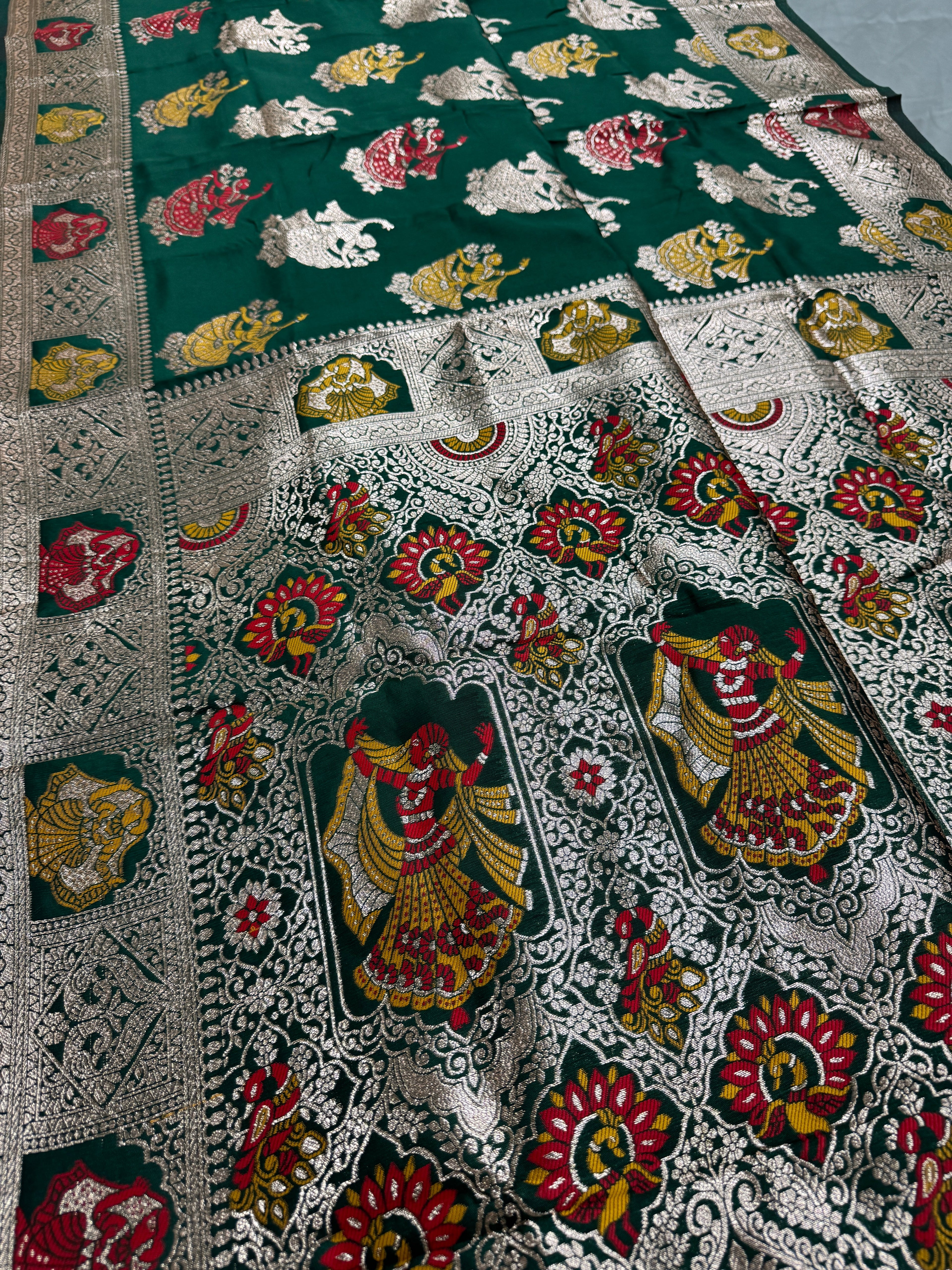 Rupa : Bottle Green Budget Friendly Baluchari Saree in Blended Silk