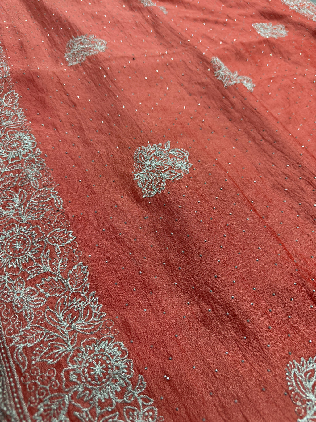 Iti | Peach Partywear Saree | Silver Thread Embroidery & Stones