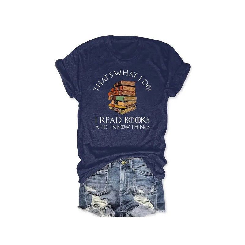 Women's Fashionable Short-Sleeve Round Neck T-Shirt With Book Printed Summer Top