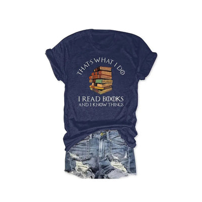 Women's Fashionable Short-Sleeve Round Neck T-Shirt With Book Printed Summer Top