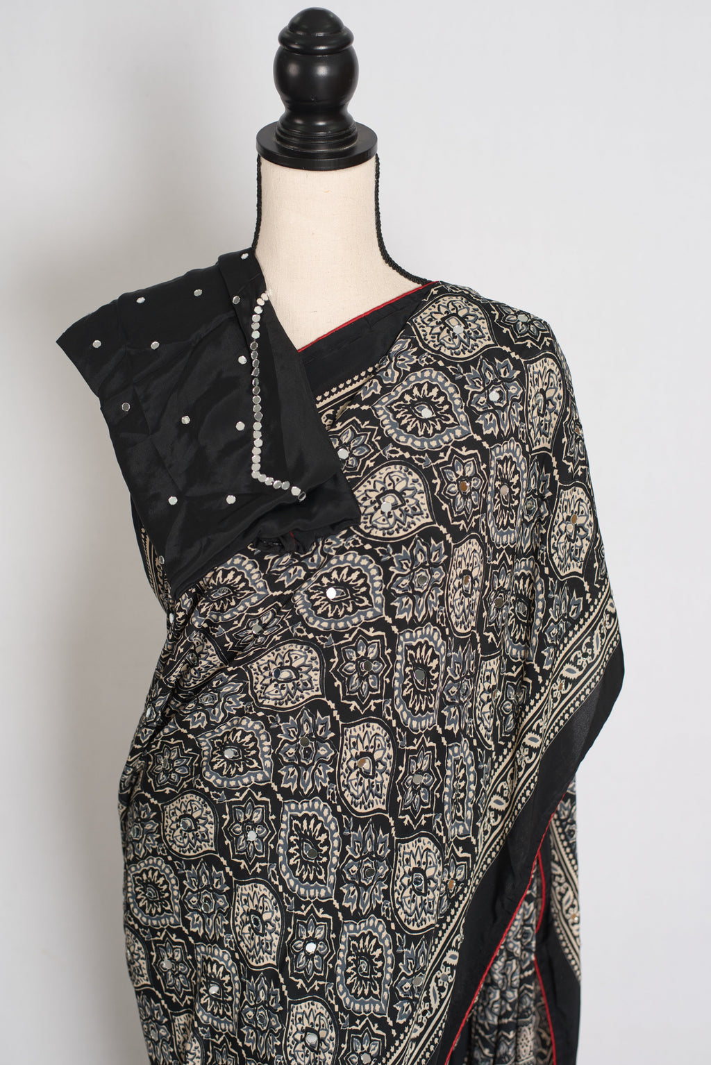 Ishq : Trending Black and Gray Semi Modal Silk Ajrakh Saree
