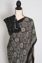 Ishq : Trending Black and Gray Semi Modal Silk Ajrakh Saree