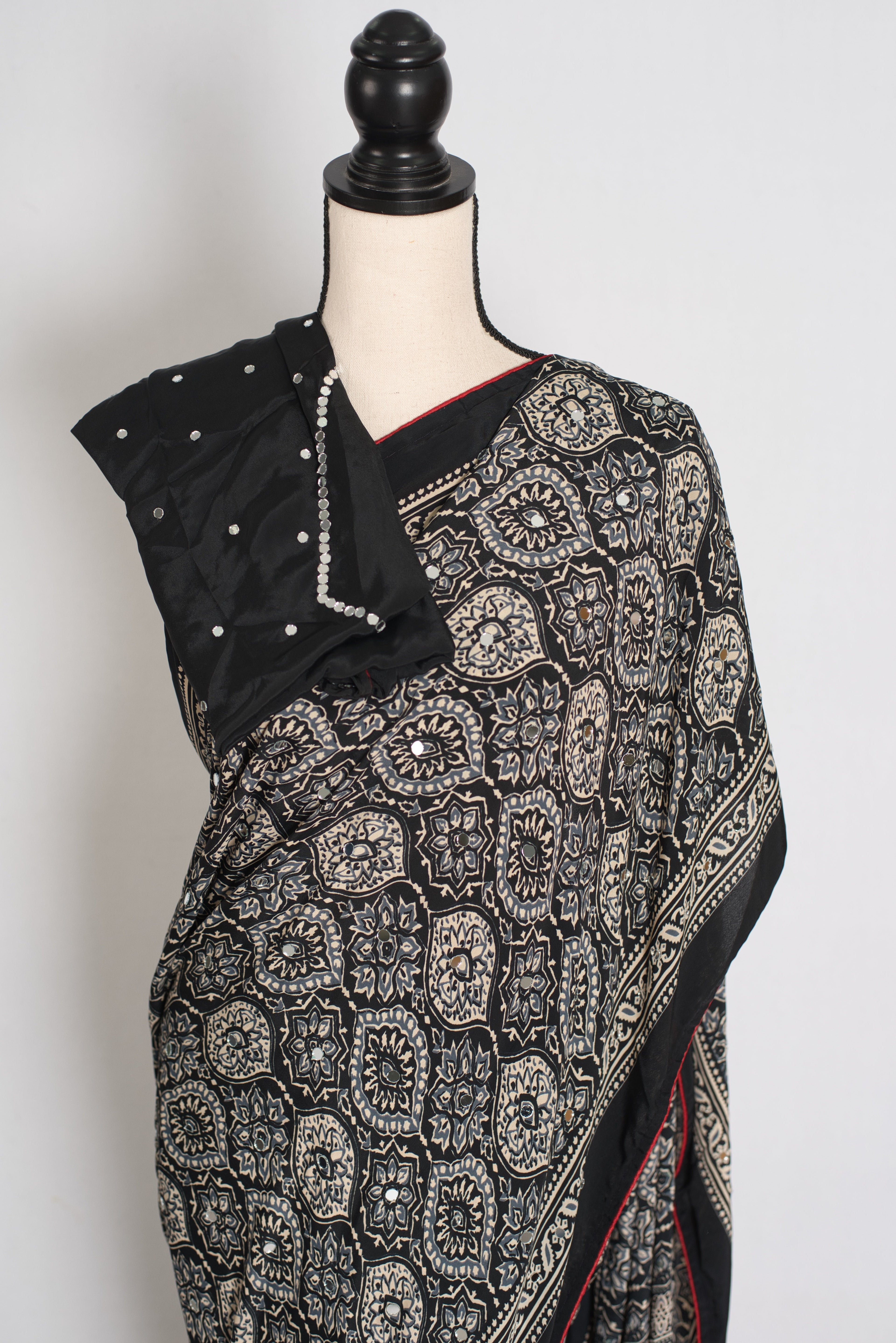 Ishq : Trending Black and Gray Semi Modal Silk Ajrakh Saree