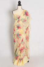 Sia : Light Yellow Floral Printed Chiffon Saree - Budget-Friendly Summer Drape
