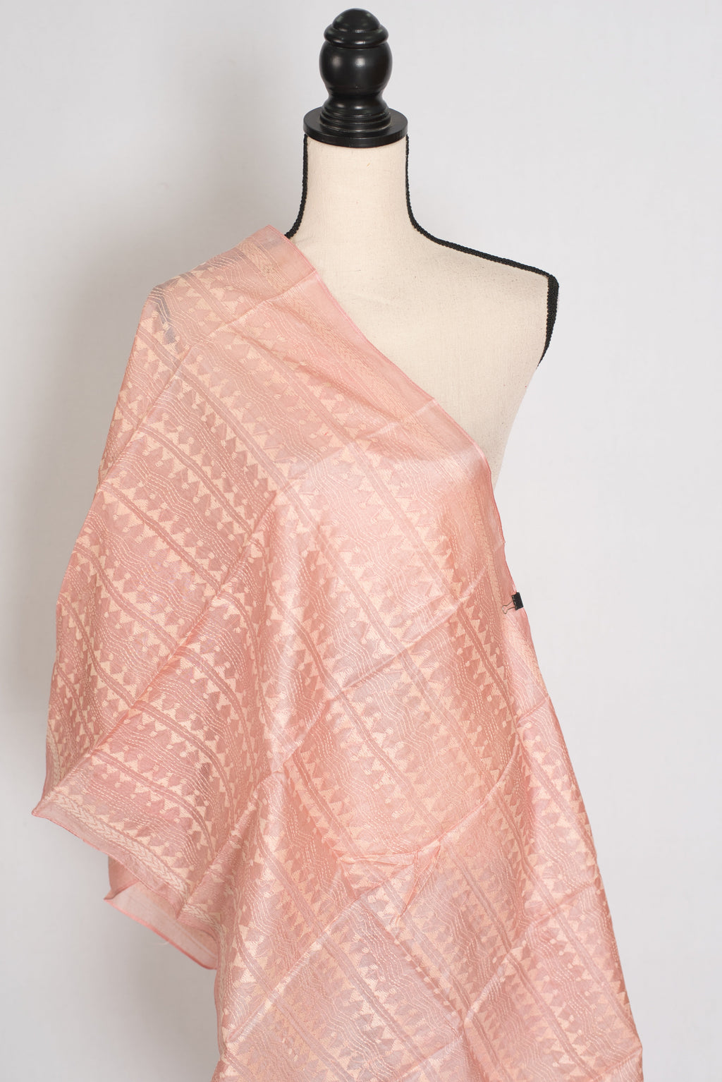 Benu : Tussar Silk Stole with Kantha Stitch – Pastel Peach Hand Embroidery