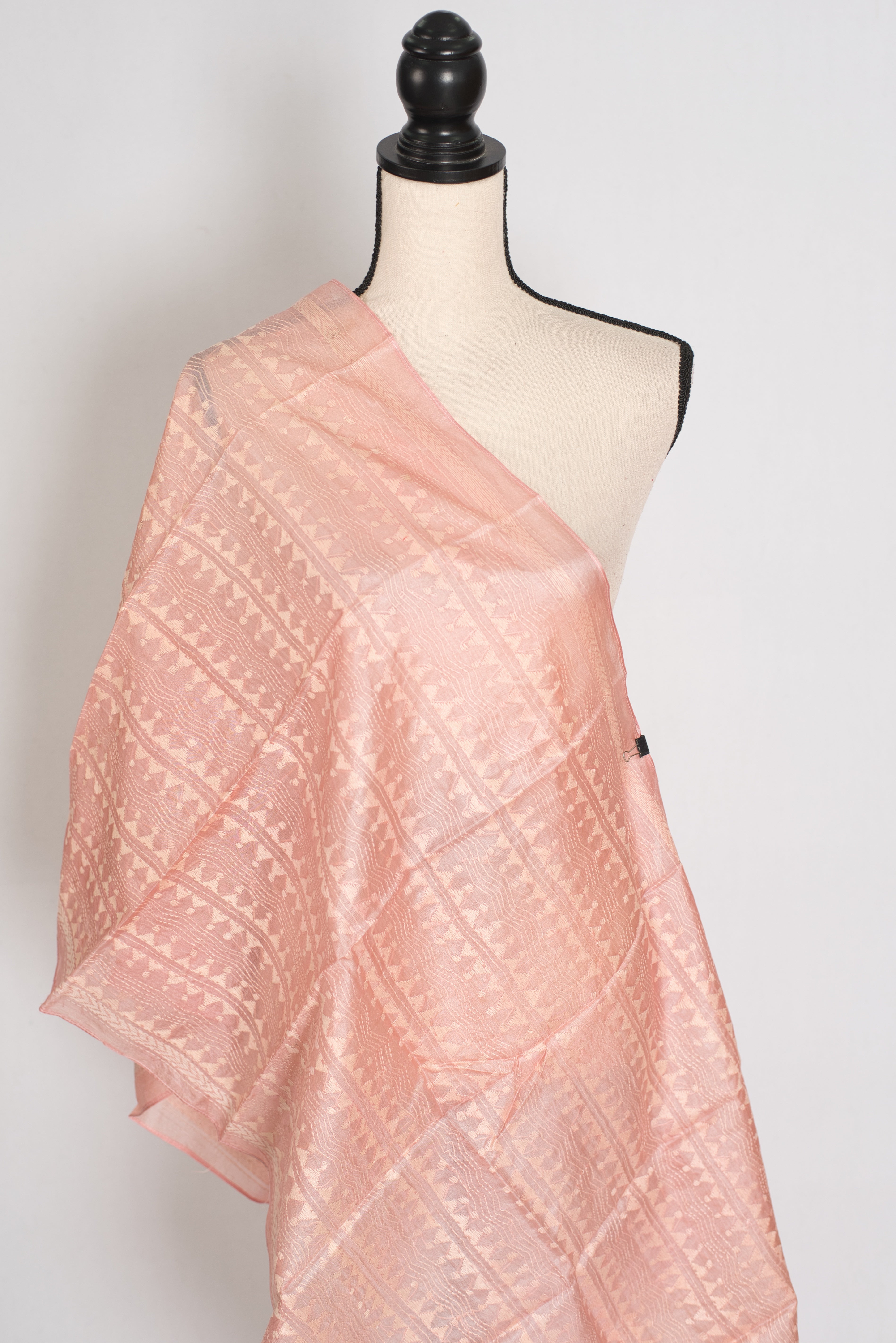 Benu : Tussar Silk Stole with Kantha Stitch – Pastel Peach Hand Embroidery