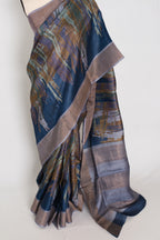 Mukta | Blue & Grey Pure Tussar Silk Saree | Contemporary Graphic Prints