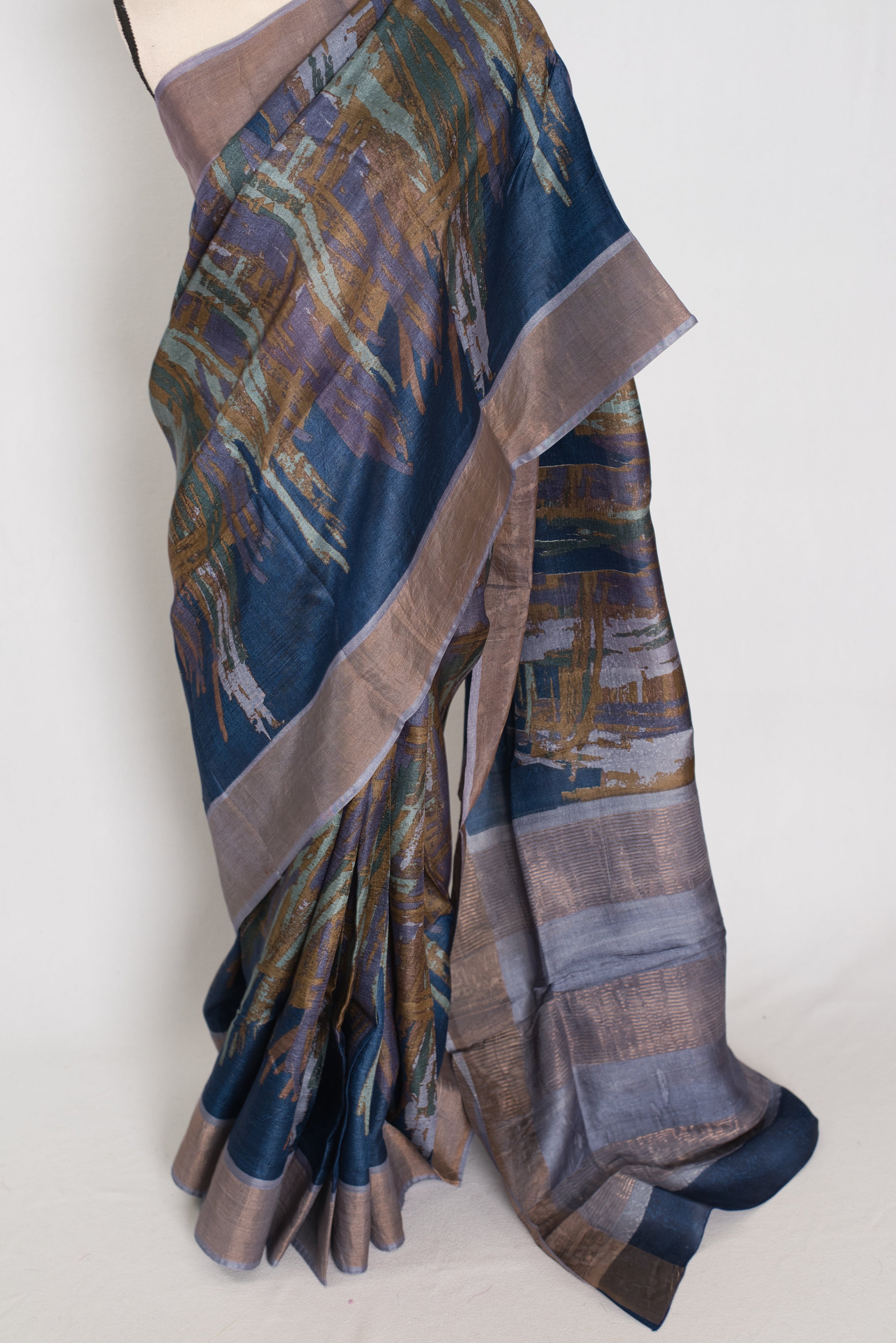 Mukta | Blue & Grey Pure Tussar Silk Saree | Contemporary Graphic Prints