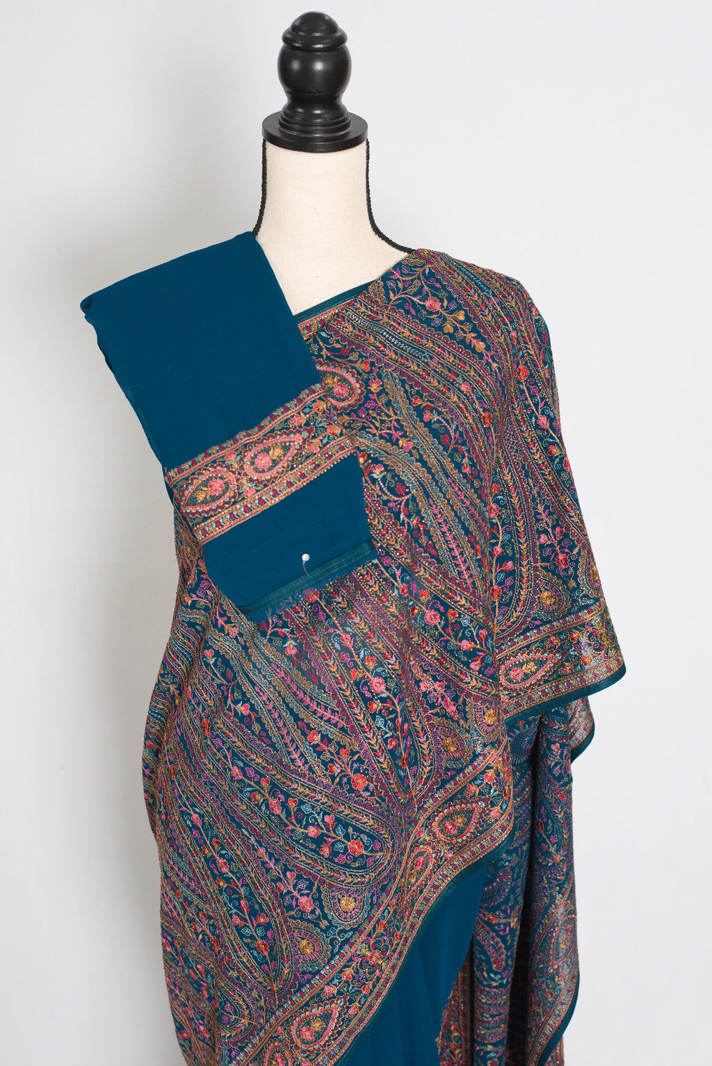 Mira | Cobalt Blue Georgette Saree | All-Over Multicolor Kashmiri Embroidery