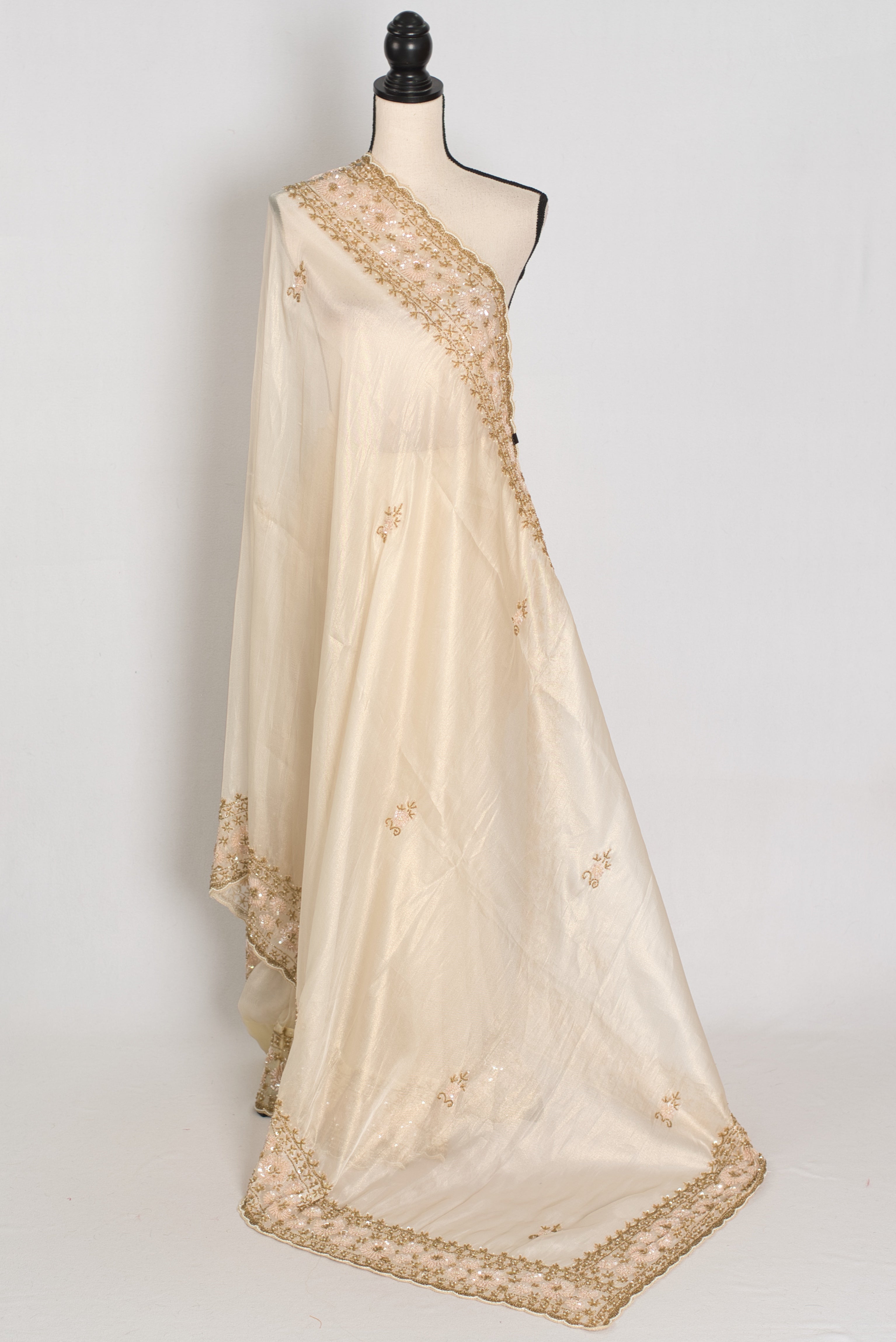 Shruti | Cream & Gold Soft Tissue Embroidered Wedding Saree | Pastel Collection