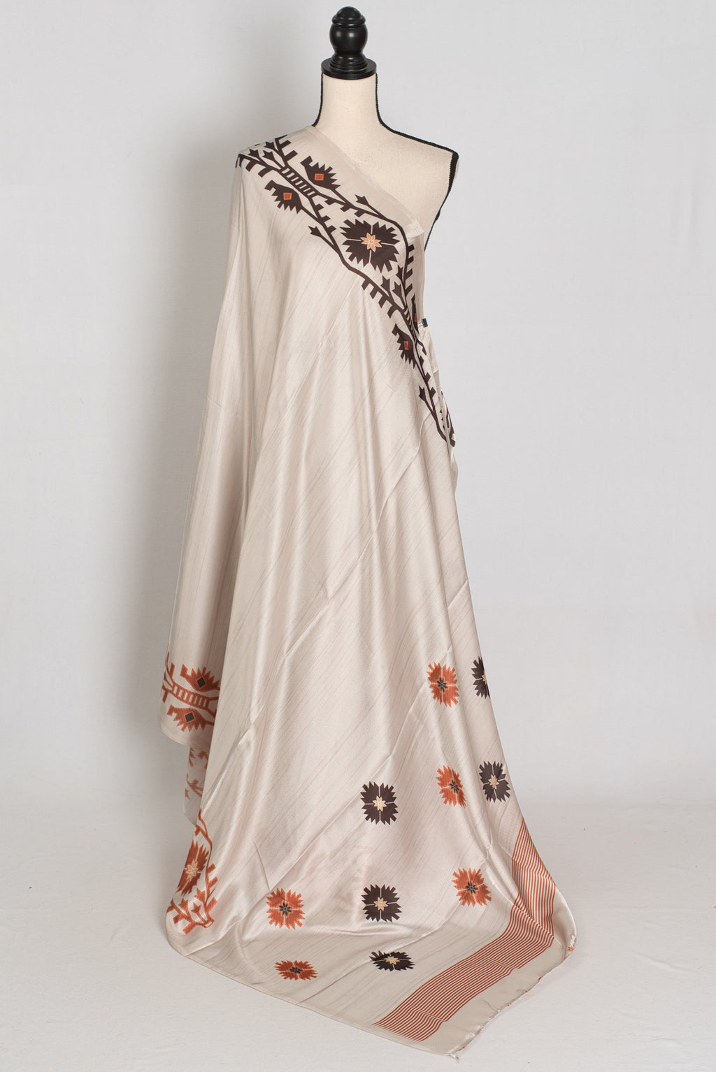 Rita | Cement White Soft Satin Saree with Traditional Kolka Prints