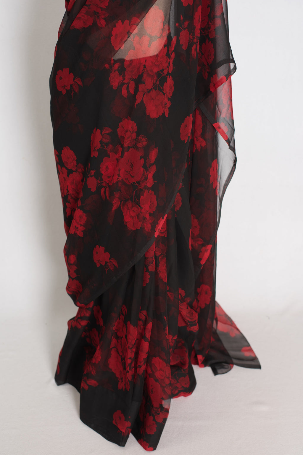 Mita : Black and Red Rose Printed Chiffon Saree - Budget Clearance Edition