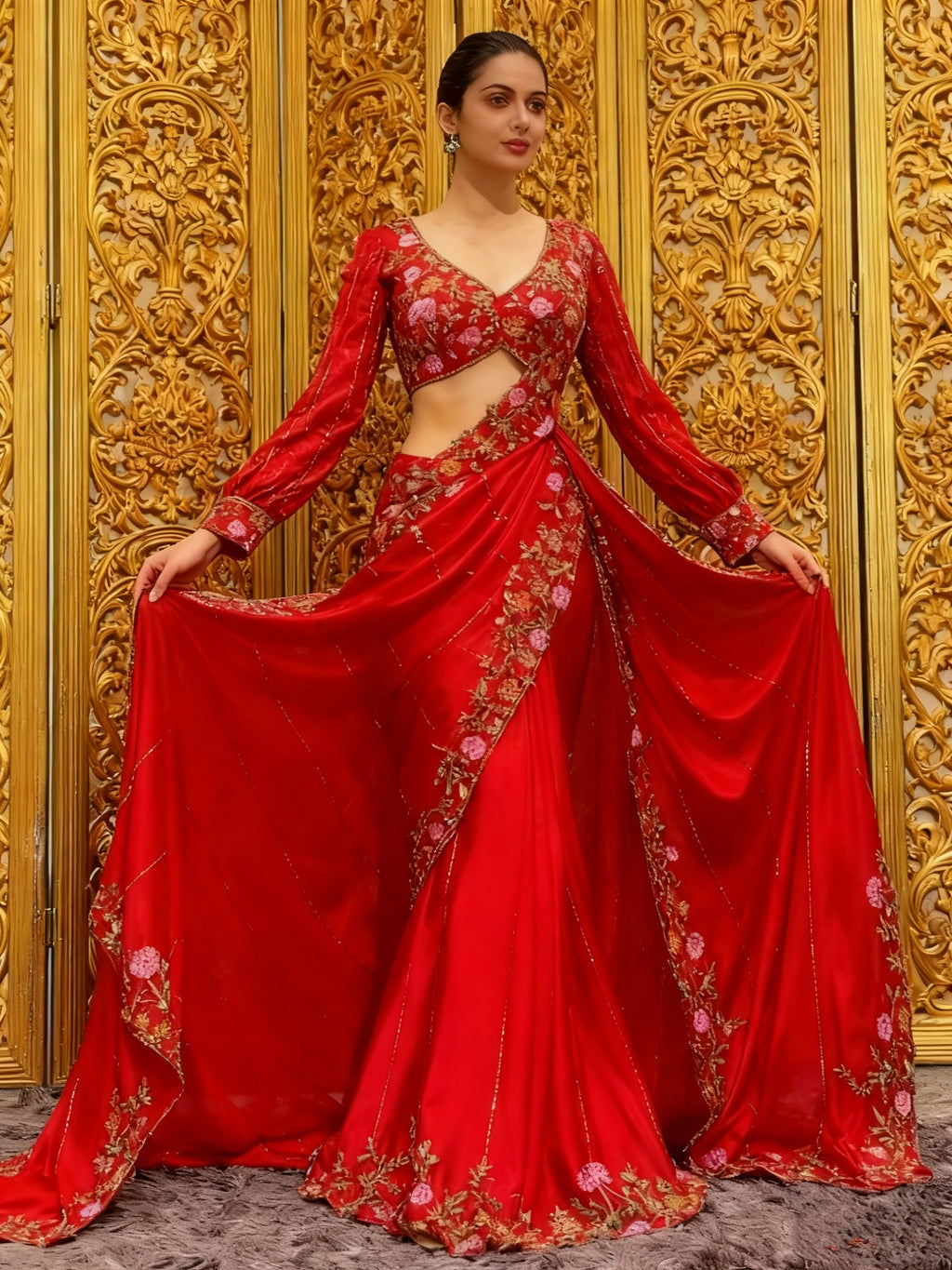 Customised Middle Eastern Wedding Dresses 2025 Red Floral Embroidered Indian Saree Bridal Evening Gowns
