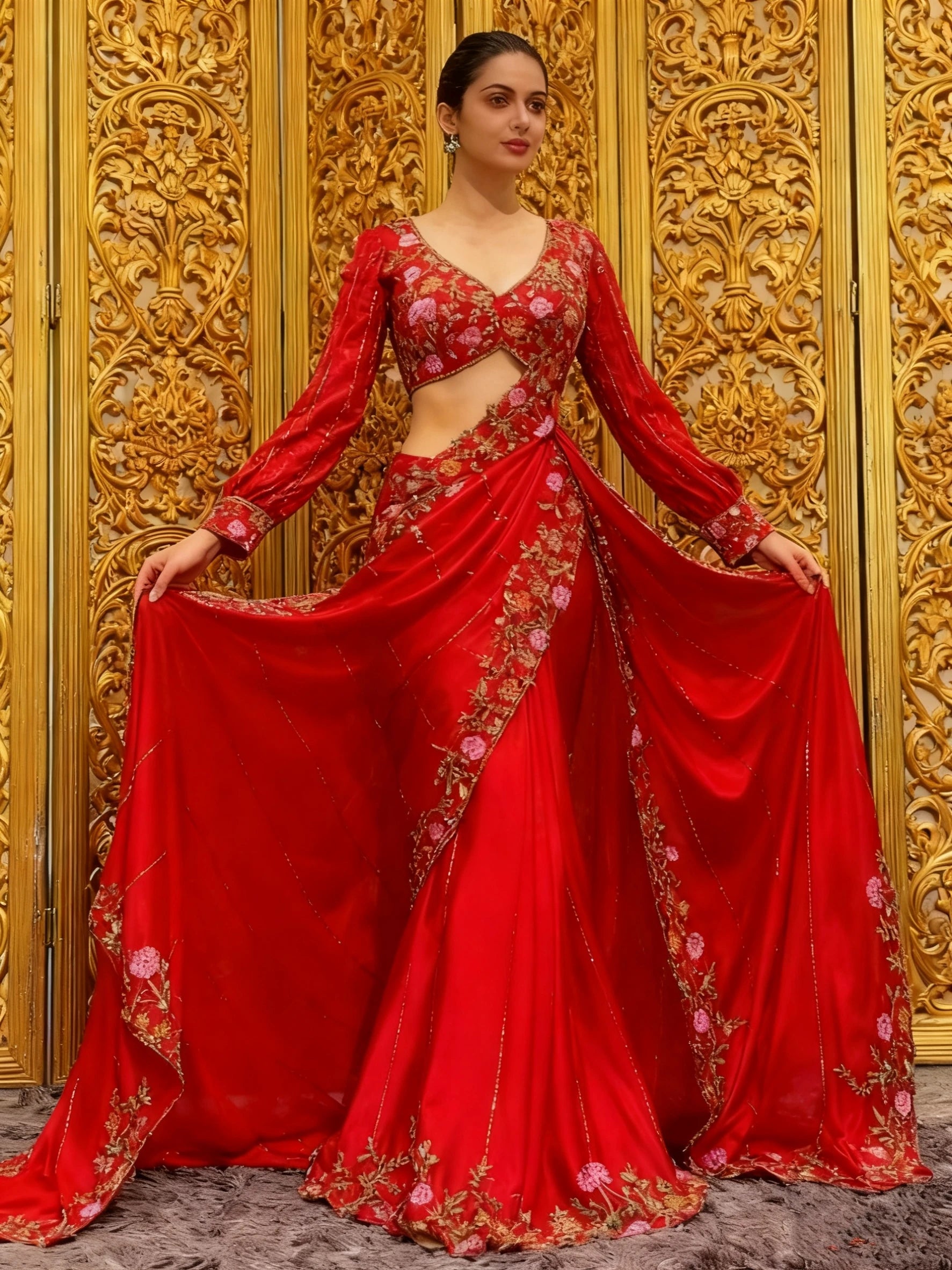 Customised Middle Eastern Wedding Dresses 2025 Red Floral Embroidered Indian Saree Bridal Evening Gowns